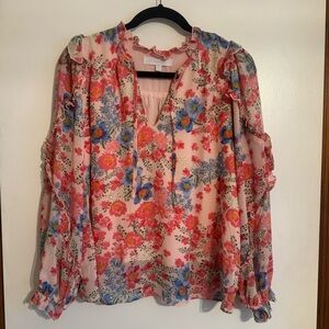 Sugarlips Floral Ruffle Blouse Sheer Lined Loose Fit Size XS